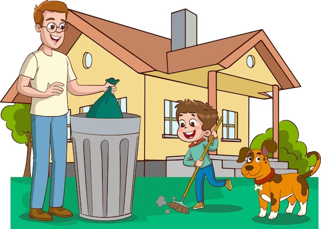 Ilustración vectorial de padre e hijos limpiando la casa con un cubo de basura y un perro