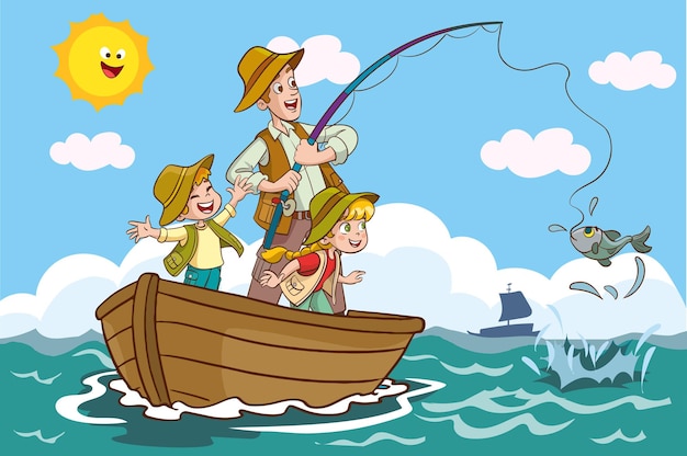 Ilustración vectorial de padre e hijos pescando