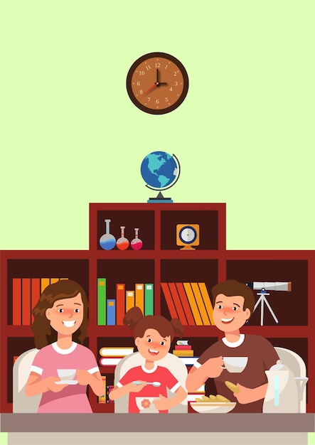 Ilustración vectorial de padre y madre bebiendo una taza acompañando a su hijo para comer juntos