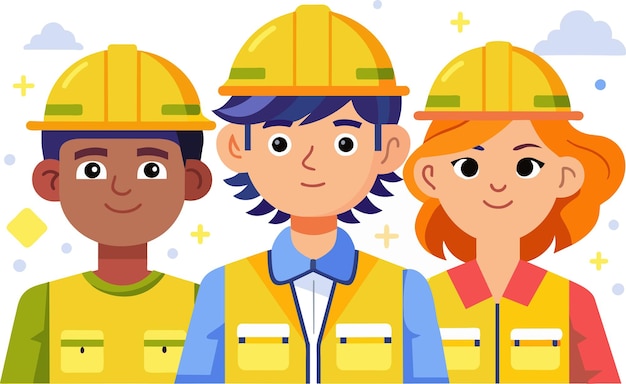Vector ilustración vectorial de la página web de jóvenes trabajadores de la construcción para el equipo de construcción de dibujos animados del día de los trabajadores