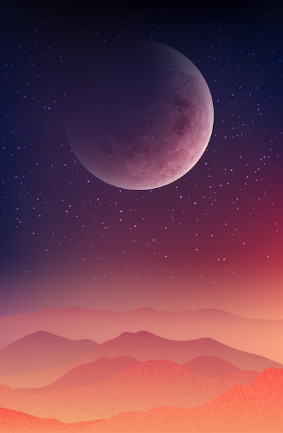 Ilustración vectorial de un paisaje abstracto con una puesta de sol roja, luna brillante y estrellas