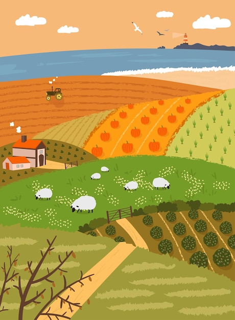 Ilustración vectorial del paisaje del campo de arroz de otoño