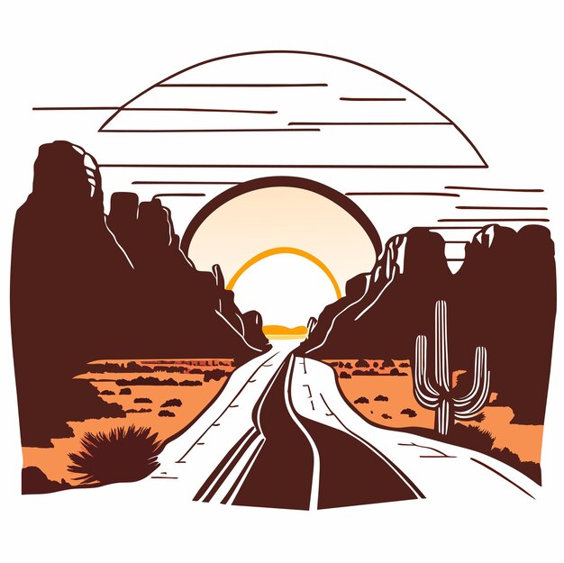 Vector ilustración vectorial de un paisaje de una carretera de estado a estado a través de un desierto con una puesta de sol en el cañón