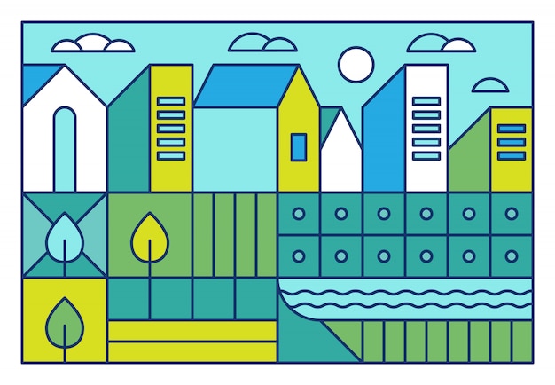 Ilustración vectorial con paisaje de la ciudad en estilo moderno y lineal