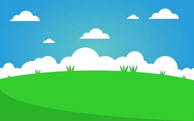 Vector ilustración vectorial de un paisaje de colina con un cielo azul y lleno de nubes