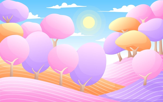 Ilustración vectorial de un paisaje de colinas y árboles coloridos