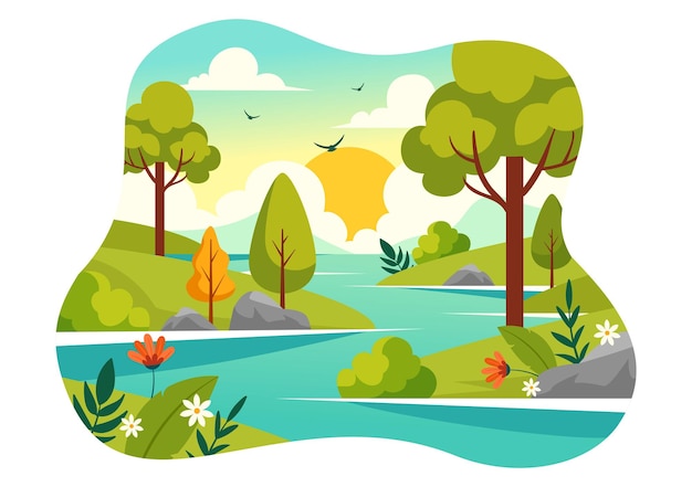 Ilustración vectorial de un paisaje fluvial con vistas a las montañas Campos verdes Árboles y bosques que rodean los ríos en un fondo plano de dibujos animados