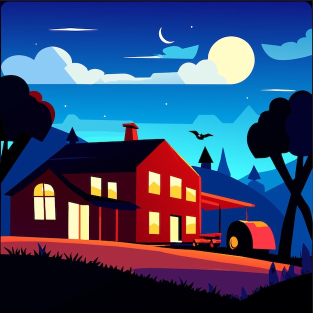 Vector ilustración vectorial del paisaje de la granja nocturna