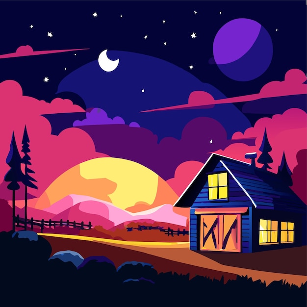 Vector ilustración vectorial del paisaje de la granja nocturna