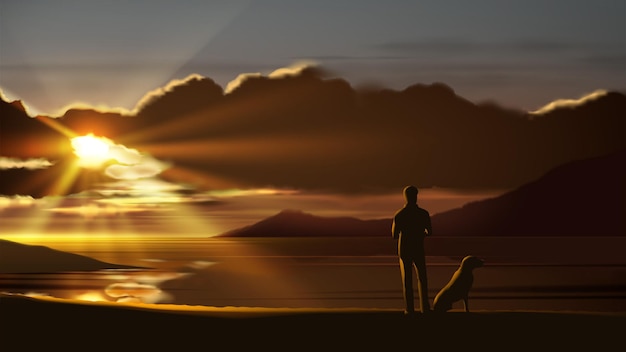 La ilustración vectorial del paisaje de un hombre está casualmente de pie con su amado perro en la orilla del mar con una hermosa puesta de sol.