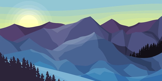 Vector ilustración vectorial del paisaje horizontal de pinos y picos de montañas cubiertos de nieve