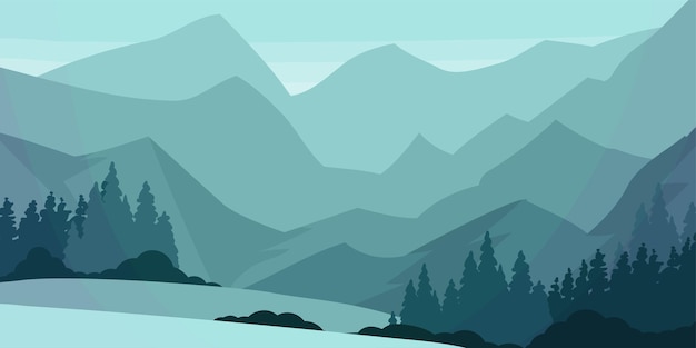 Ilustración vectorial del paisaje horizontal de pinos y picos de montañas cubiertos de nieve