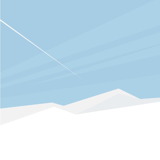 Ilustración vectorial paisaje invernal con montañas, sol, cielo, avión y nieve. ilustraciones geométricas