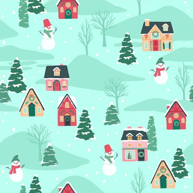 Ilustración vectorial de paisaje de montaña sin costuras de invierno de la casa