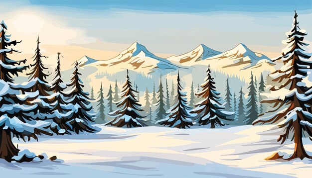 Vector ilustración vectorial paisaje de montaña de invierno con pinos y montañas ilustración vectoria