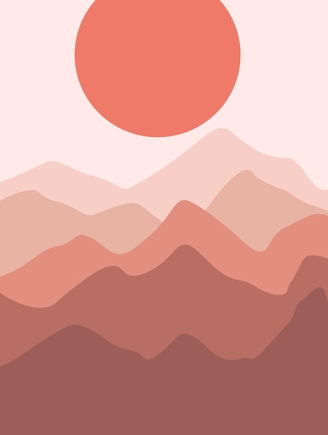 Ilustración vectorial del paisaje con montaña y sol rojo