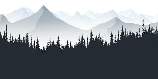 Ilustración vectorial de un paisaje montañoso y pinos por la mañana o por la noche