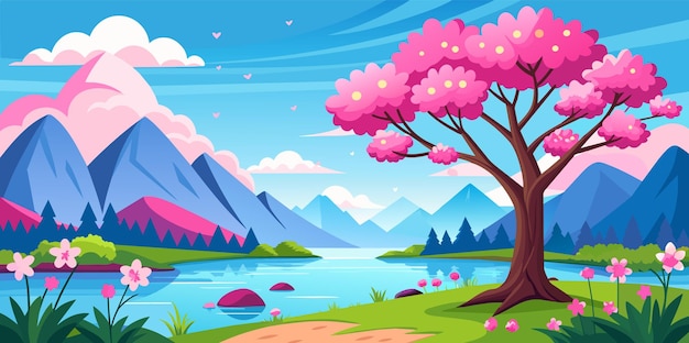 Ilustración vectorial de un paisaje de primavera con árboles con flores rosas y rojas junto a un lago