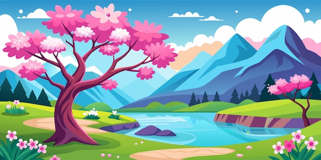 Ilustración vectorial de un paisaje de primavera con árboles con flores rosas y rojas junto a un lago