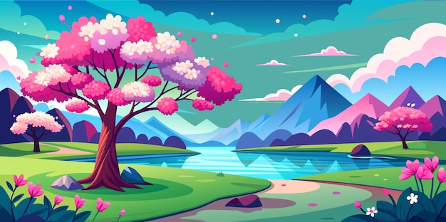 Ilustración vectorial de un paisaje de primavera con árboles con flores rosas y rojas junto a un lago