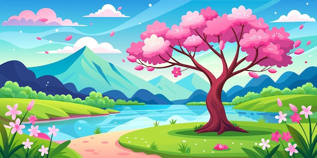 Ilustración vectorial de un paisaje de primavera con árboles con flores rosas y rojas junto a un lago