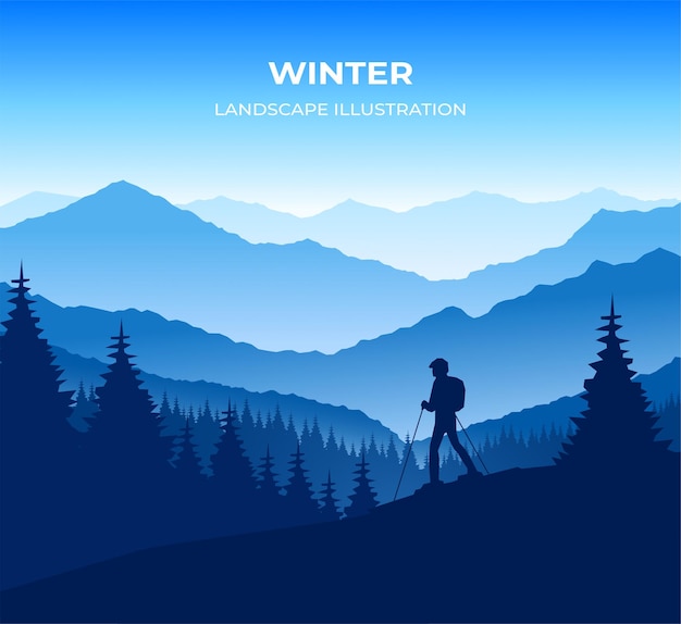 Ilustración vectorial del paisaje de silueta de esquí de invierno