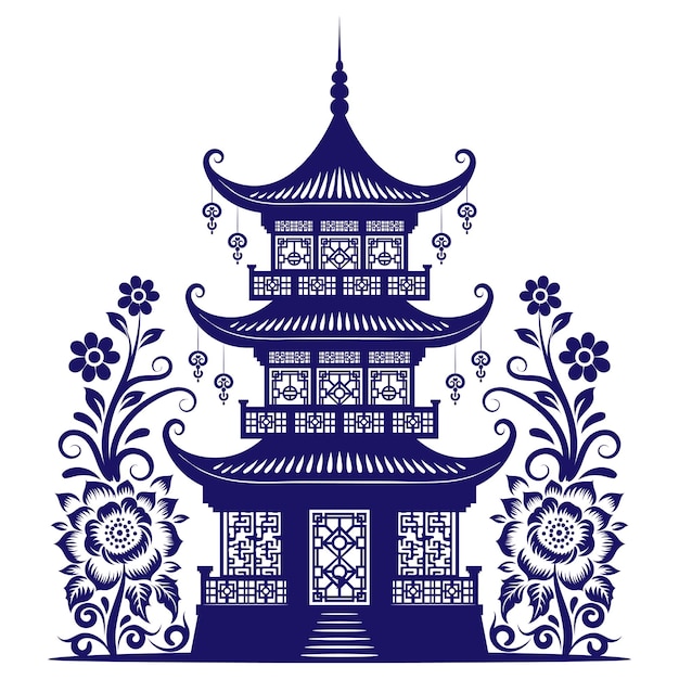 Ilustración vectorial del paisaje de la silueta de la pagoda decorada con adornos florales