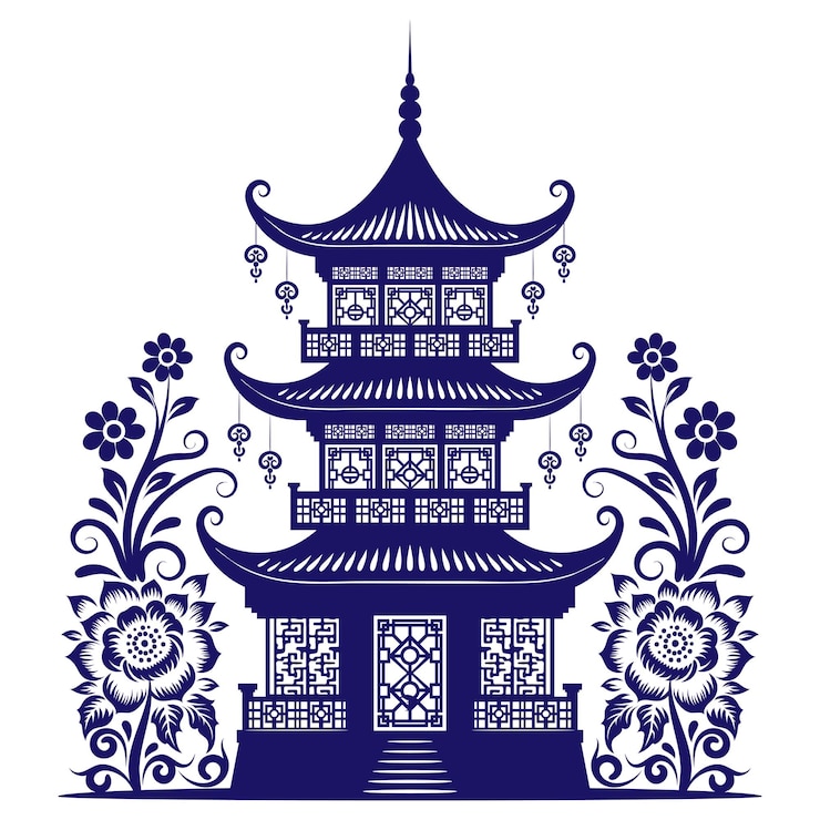 Vector ilustración vectorial del paisaje de la silueta de la pagoda decorada con adornos florales