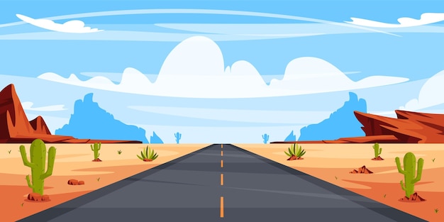 Vector ilustración vectorial de un paisaje de verano con una carretera de asfalto en el desierto paisaje de dibujos animados con una autopista de asfaltado en medio del desierto con montañas y colinas