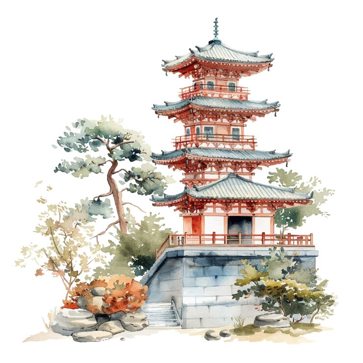 Vector ilustración vectorial de paisajes japoneses en estilo acuarela