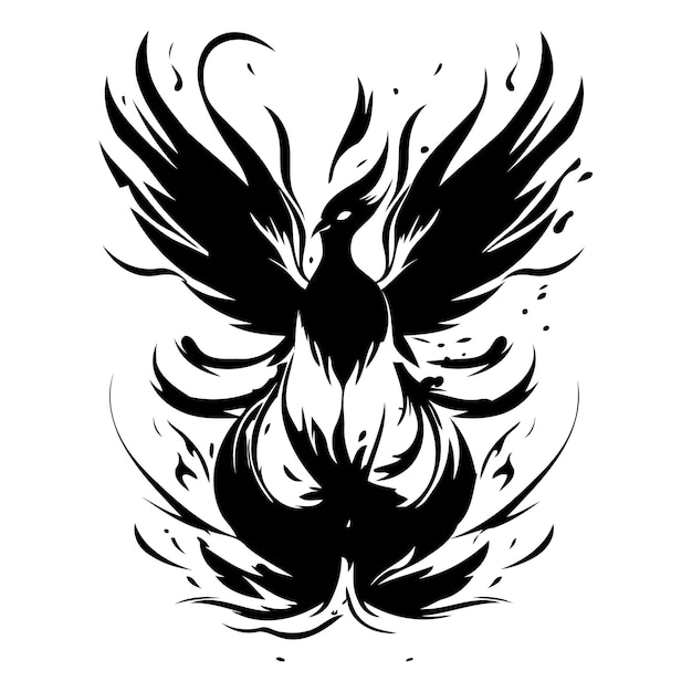 Vector ilustración vectorial de un pájaro con alas y fuego en un fondo oscuro