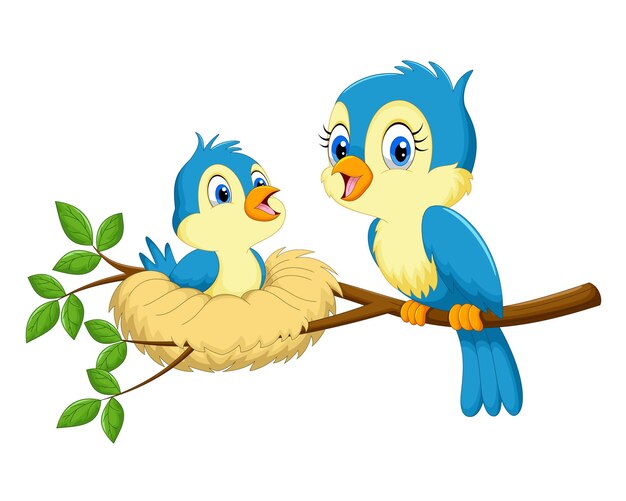 Ilustración vectorial de un pájaro madre con sus crías