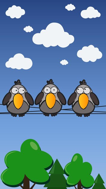 Ilustración vectorial de un pájaro posado en un cable en el cielo