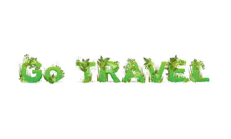 Vector ilustración vectorial de la palabra go travel estilizada como una selva tropical, con ramas verdes, hojas, hierba y arbustos
