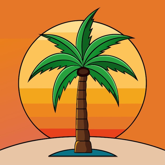 Una ilustración vectorial de una palmera en una isla con una puesta de sol