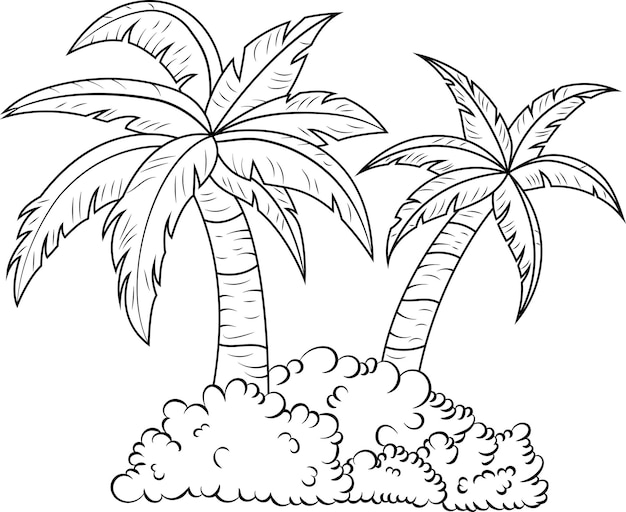 Ilustración vectorial de palmeras tropicales con arbusto en la base sin fondo y sin color