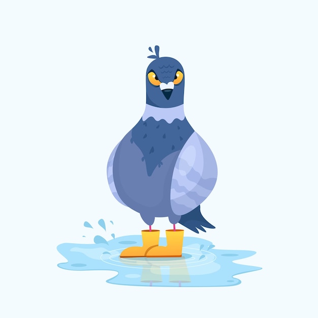 Ilustración vectorial de una paloma enojada de pie en un charco Ilustración infantil de estilo de dibujos animados