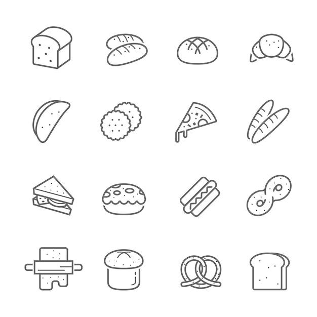 Vector ilustración vectorial de pan y panadería conjunto de iconos de líneas