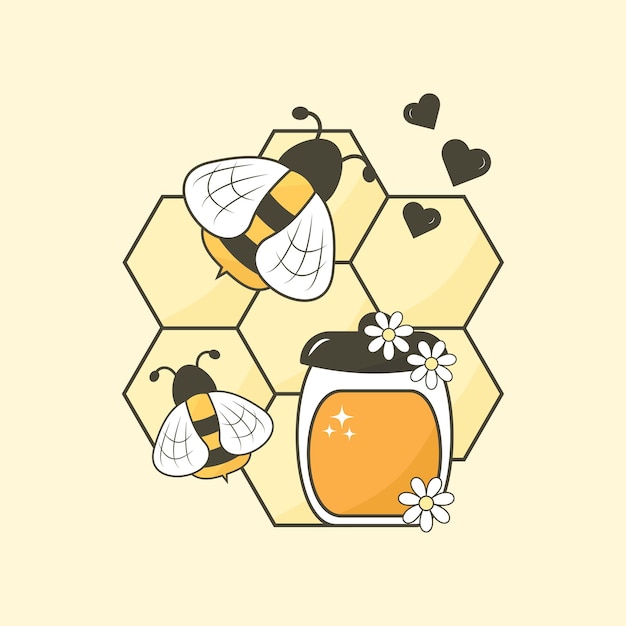 Ilustración vectorial panal con abeja y tarro de miel miel dulce. tarro de miel con flor de margarita.