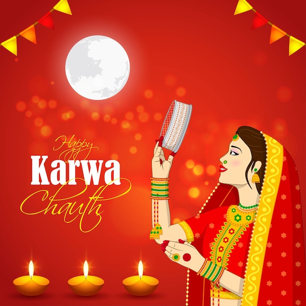 Ilustración vectorial de la pancarta de venta del festival indio Happy Karwa Chauth