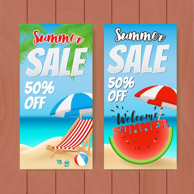 Ilustración vectorial de pancartas de ventas de verano coloridas