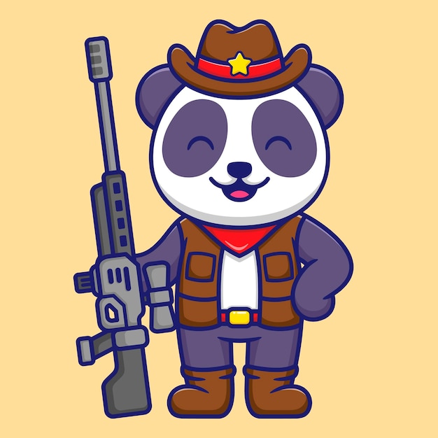 Ilustración vectorial de Panda lindo como un vaquero con arma de francotirador en estilo plano de dibujos animados
