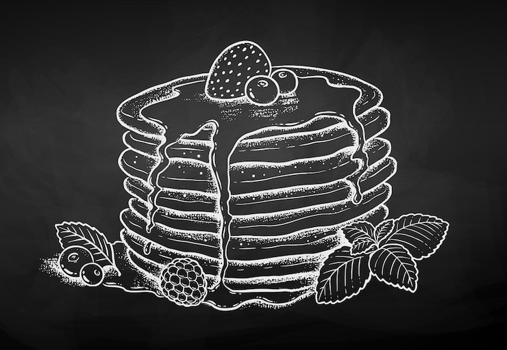Vector ilustración vectorial de panqueques con hojas de menta y bayas dibujo de tiza