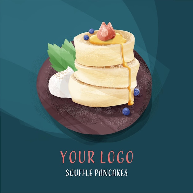 Vector ilustración vectorial de panqueques de soufflé japonés con crema de jarabe de fresas y arándanos