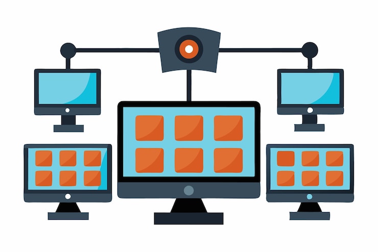 Vector ilustración vectorial de pantalla de cctv múltiple aislada en un fondo blanco