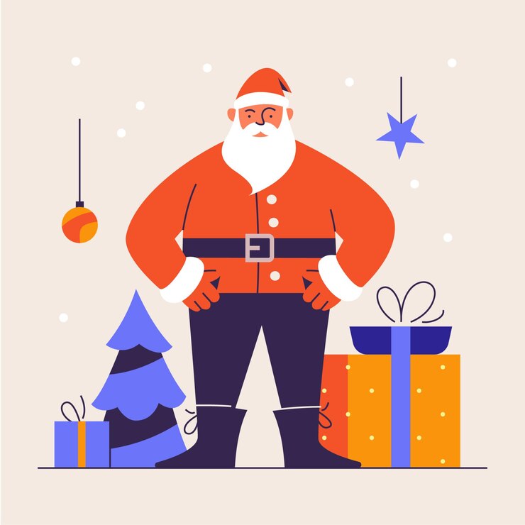 Ilustración vectorial de Papá Noel en traje rojo rodeado de regalos de los mercados