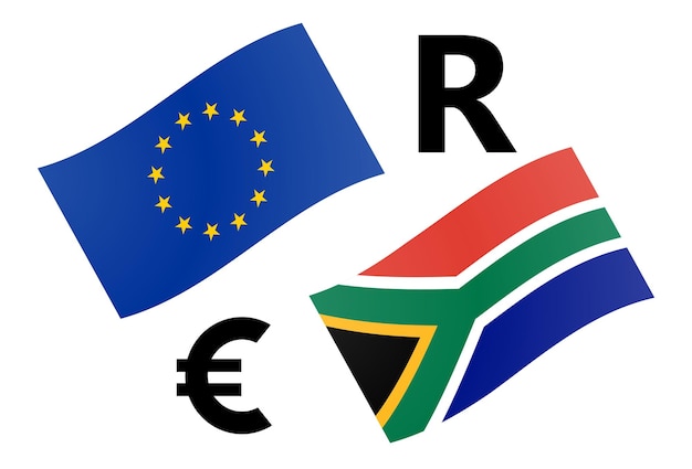 Ilustración vectorial del par de divisas EURZAR. Bandera de la UE y Sudáfrica, con símbolo de Euro y Rand.