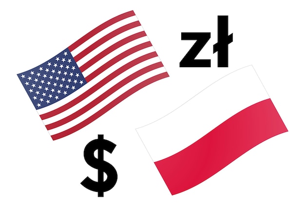 Ilustración vectorial del par de divisas usdpln. bandera estadounidense y polaca, con símbolo de dólar y zloty.