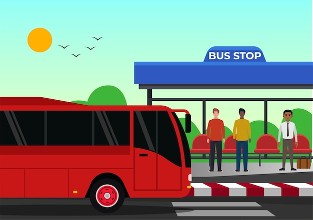 Ilustración vectorial de la parada de autobús pasajero esperando en la parada de autobus concepto de transporte público autobús s