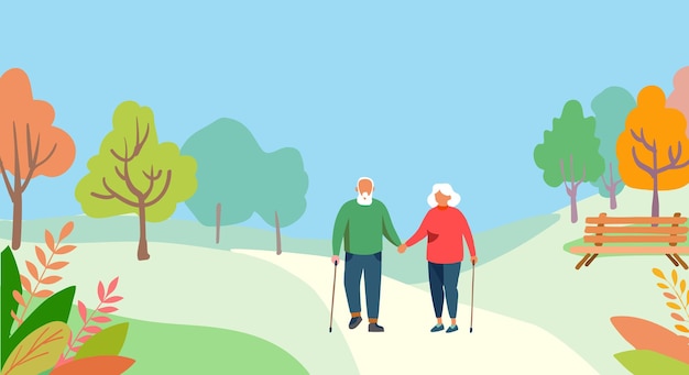 Ilustración vectorial de una pareja de ancianos caminando en un parque